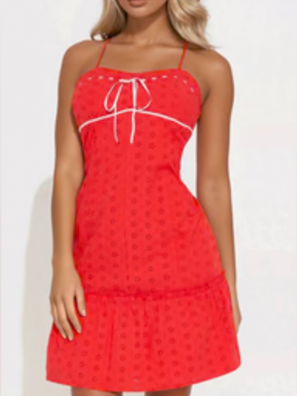Red Eyelet Lace-Up Spaghetti Strap Chemise (SKU843)